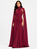 Ruched Halter Neck Cape Maxi Dress