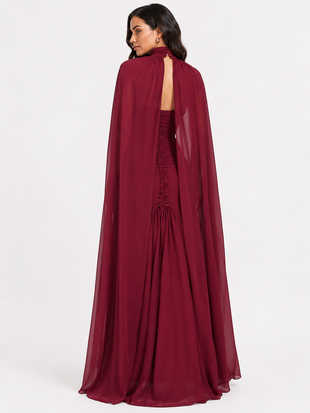Ruched Halter Neck Cape Maxi Dress