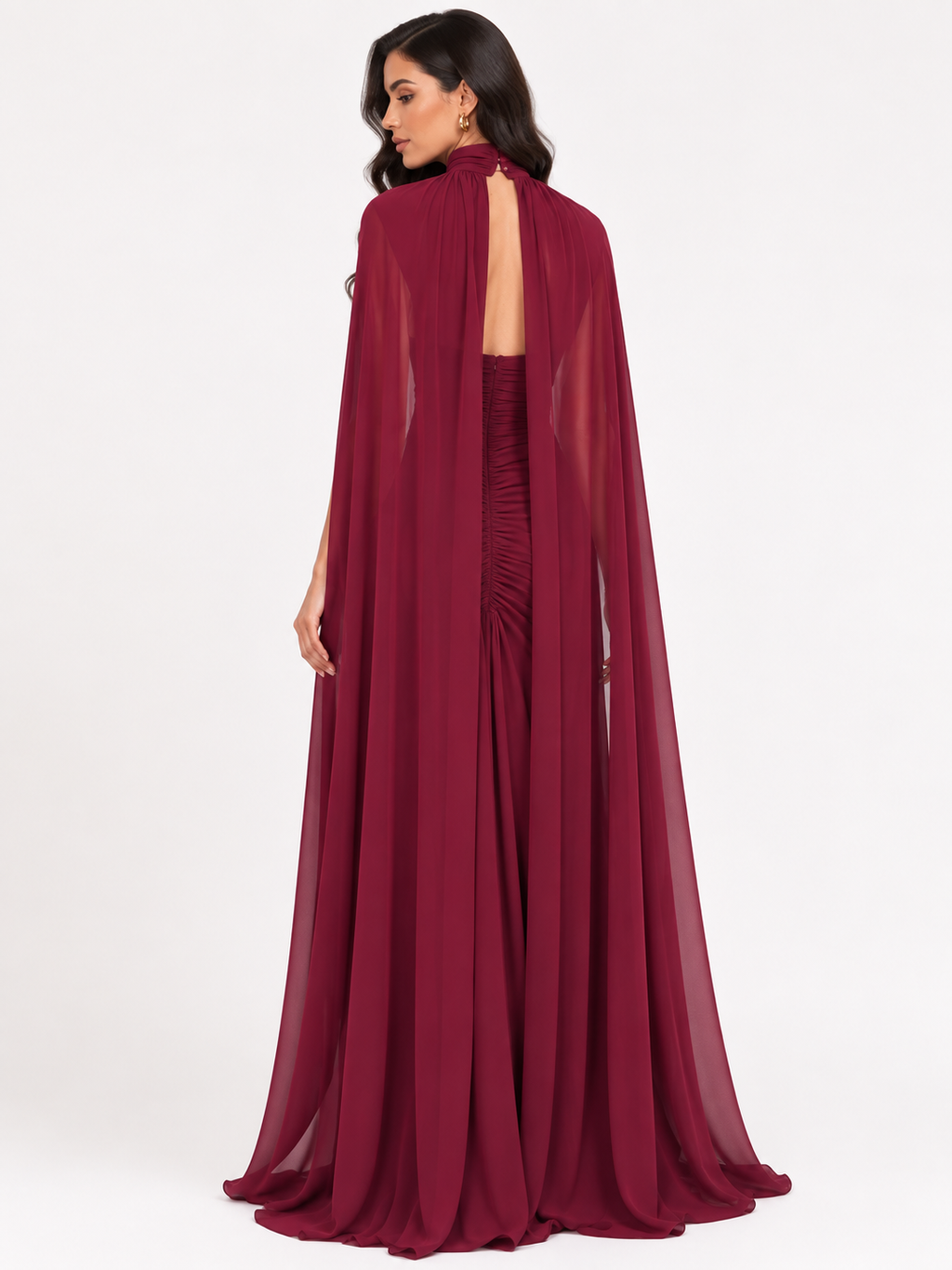 Ruched Halter Neck Cape Maxi Dress