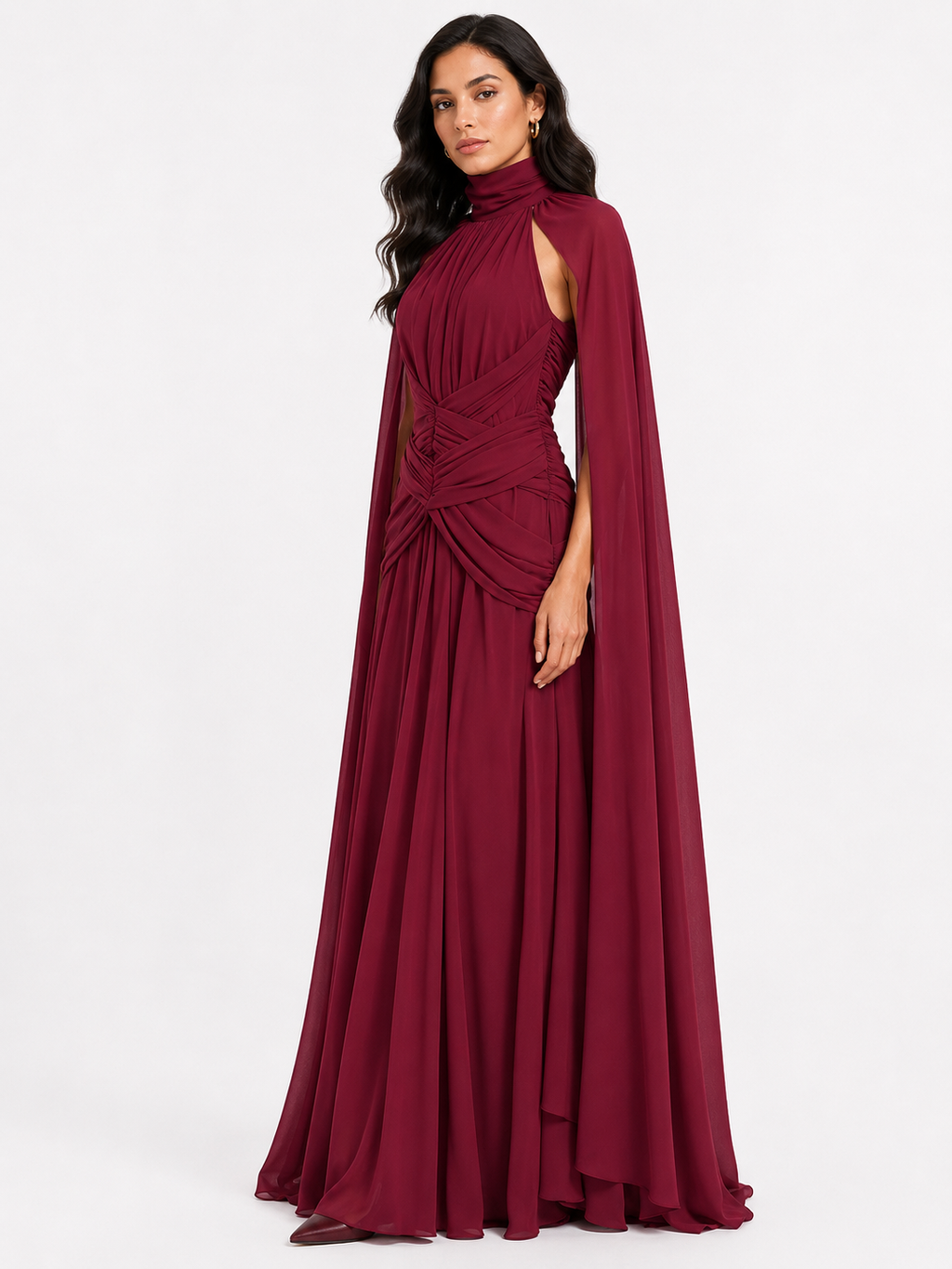 Ruched Halter Neck Cape Maxi Dress