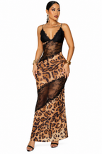Leopard Print Lace Deep V-Neck Fishtail Maxi Dress – Sling Bodycon Evening Dress