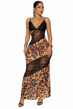Leopard Print Lace Deep V-Neck Fishtail Maxi Dress – Sling Bodycon Evening Dress