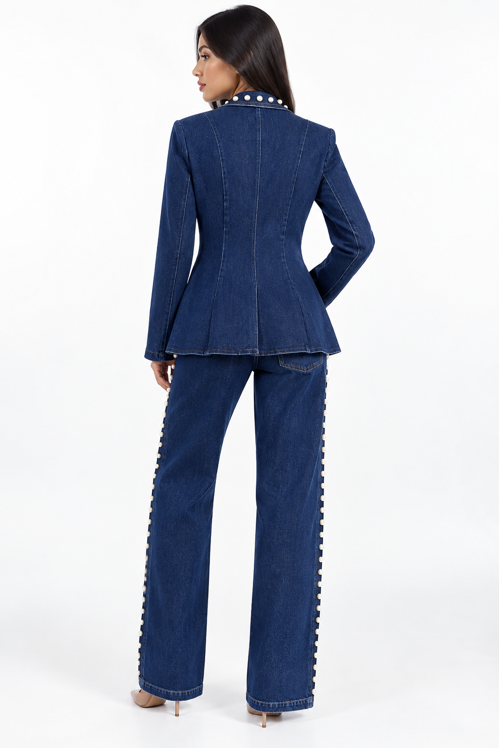 Dark Denim Pearl Studded Blazer & Flare Pants Two-Piece Suit