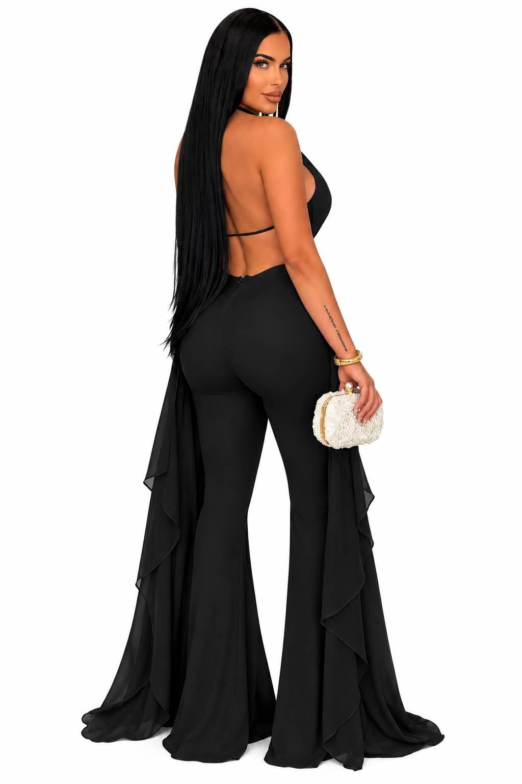 Women's Halter Neck Asymmetrical Ribbon Top & Wide-Leg Trousers Set – Elegant Co-ord