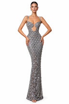 Silver Crystal & Sequin Embellished Cut-Out Mermaid Gown – Women's Luxury Formal Evening Dress