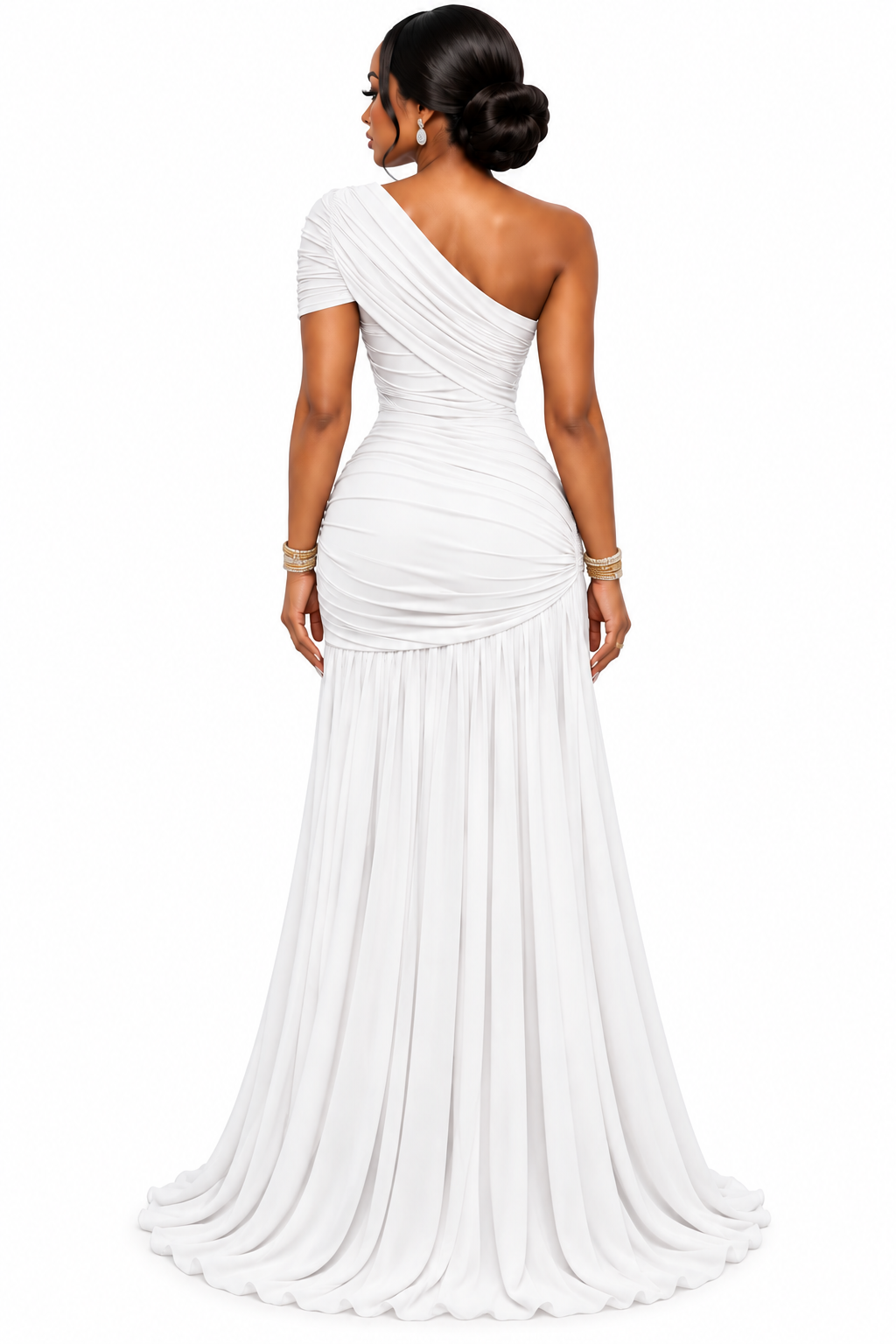 Black One-Shoulder Ruched Maxi Dress with Gold Chain Detail – Women's Elegant High-Slit Gown