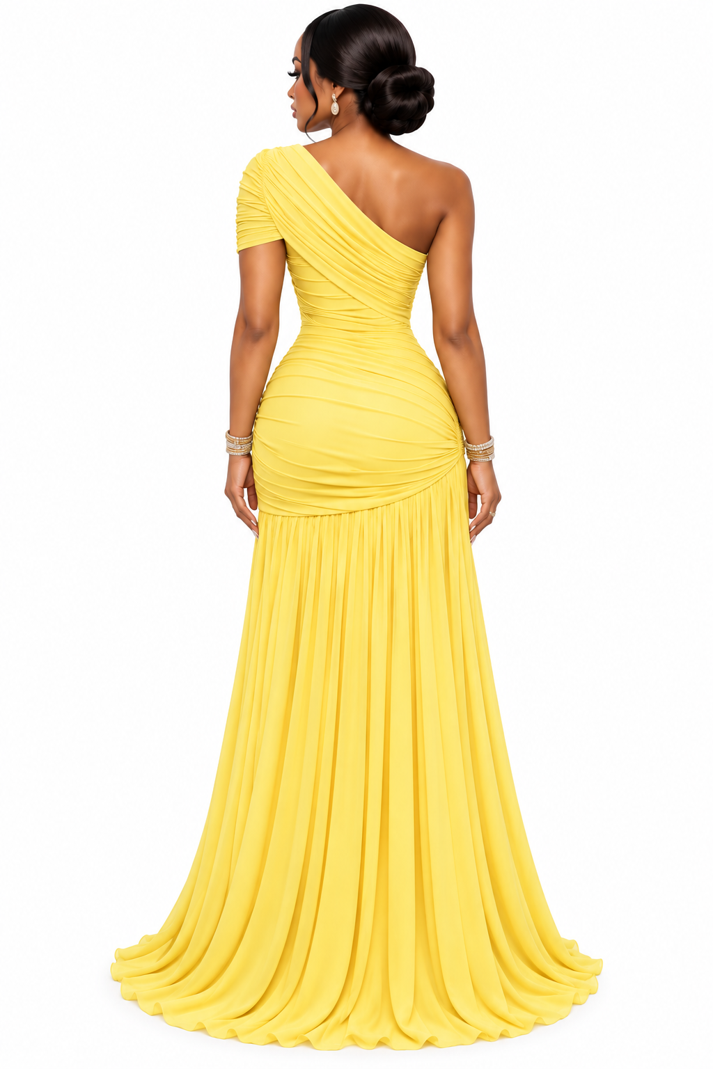 Black One-Shoulder Ruched Maxi Dress with Gold Chain Detail – Women's Elegant High-Slit Gown