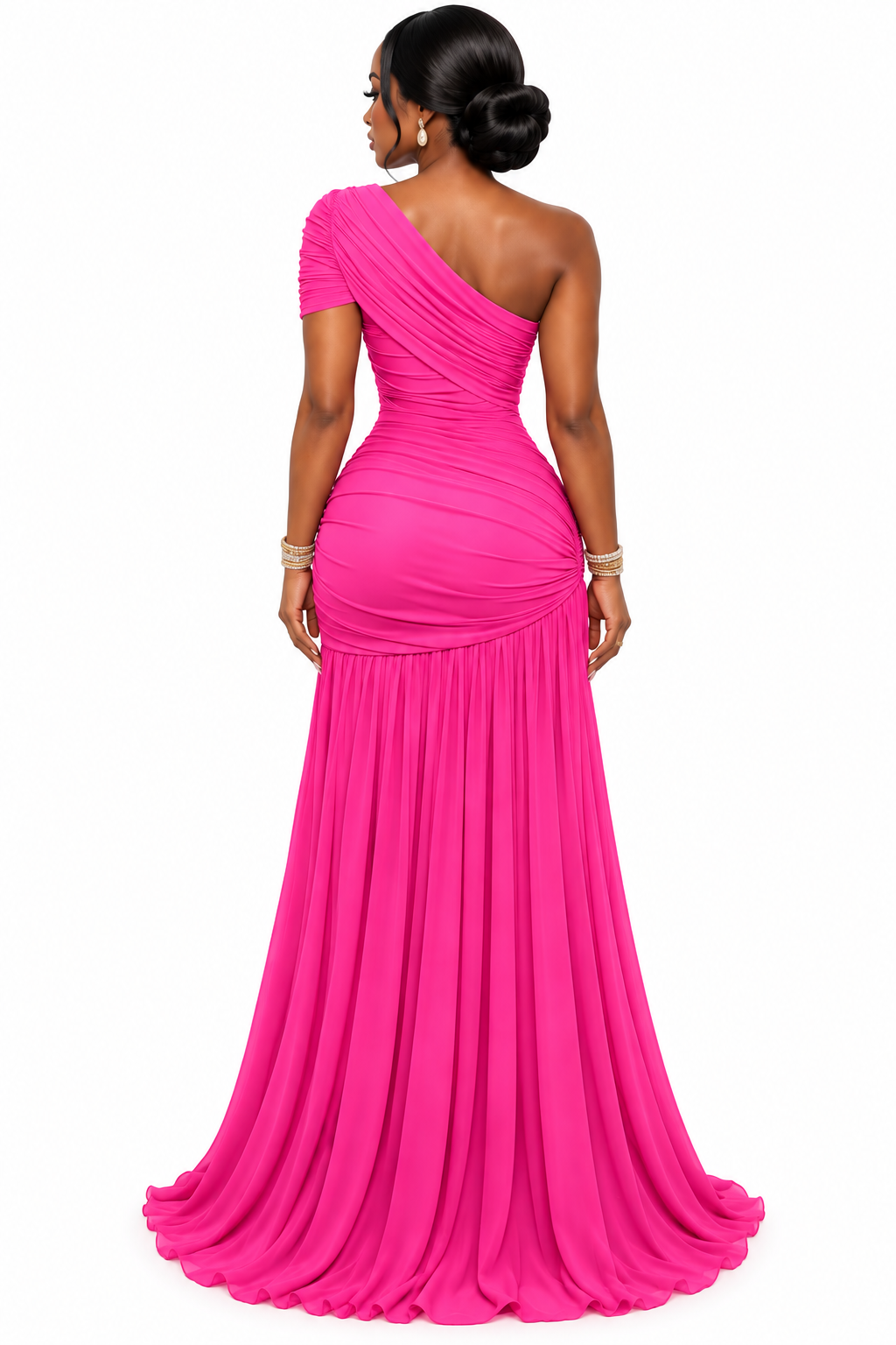 Black One-Shoulder Ruched Maxi Dress with Gold Chain Detail – Women's Elegant High-Slit Gown