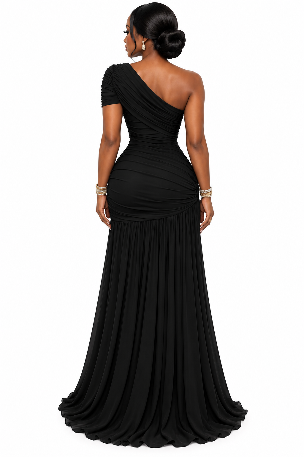 Black One-Shoulder Ruched Maxi Dress with Gold Chain Detail – Women's Elegant High-Slit Gown