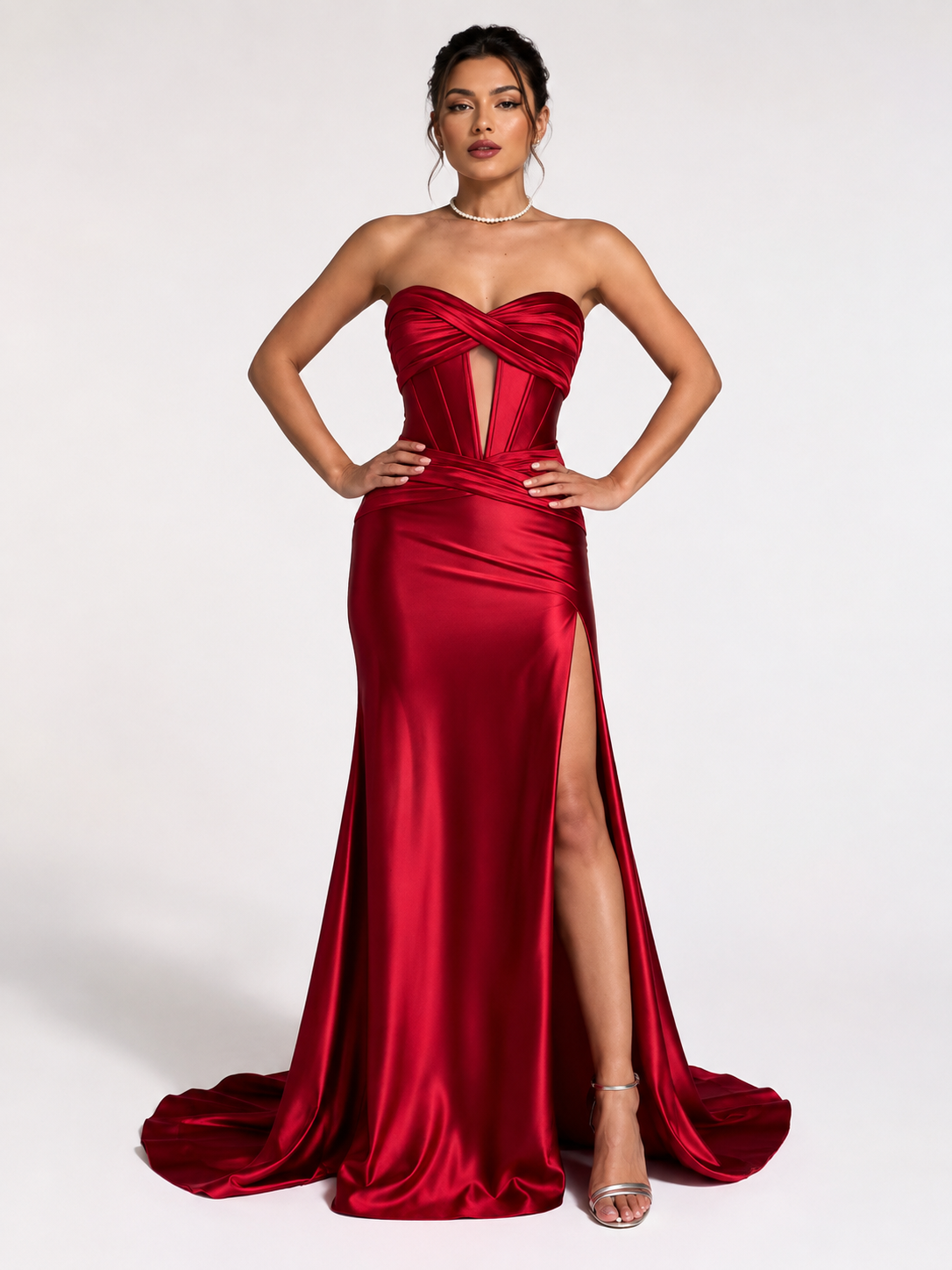 Tube Top Slit Red Extra Long Evening Dress