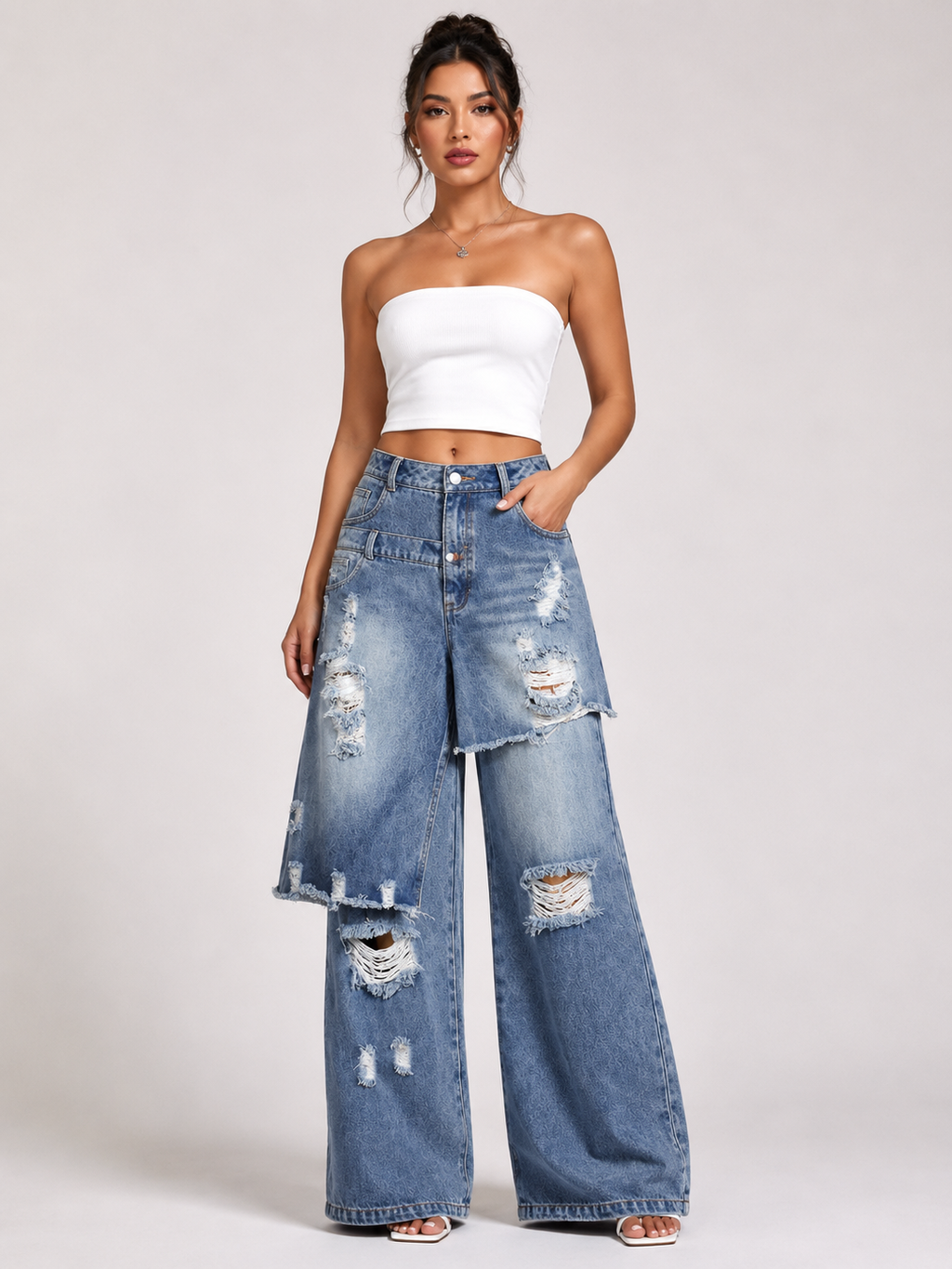 Casual Faux Two-piece Ripped Jeans