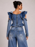 Off Shoulder Ruffle Corset Crop Denim Top