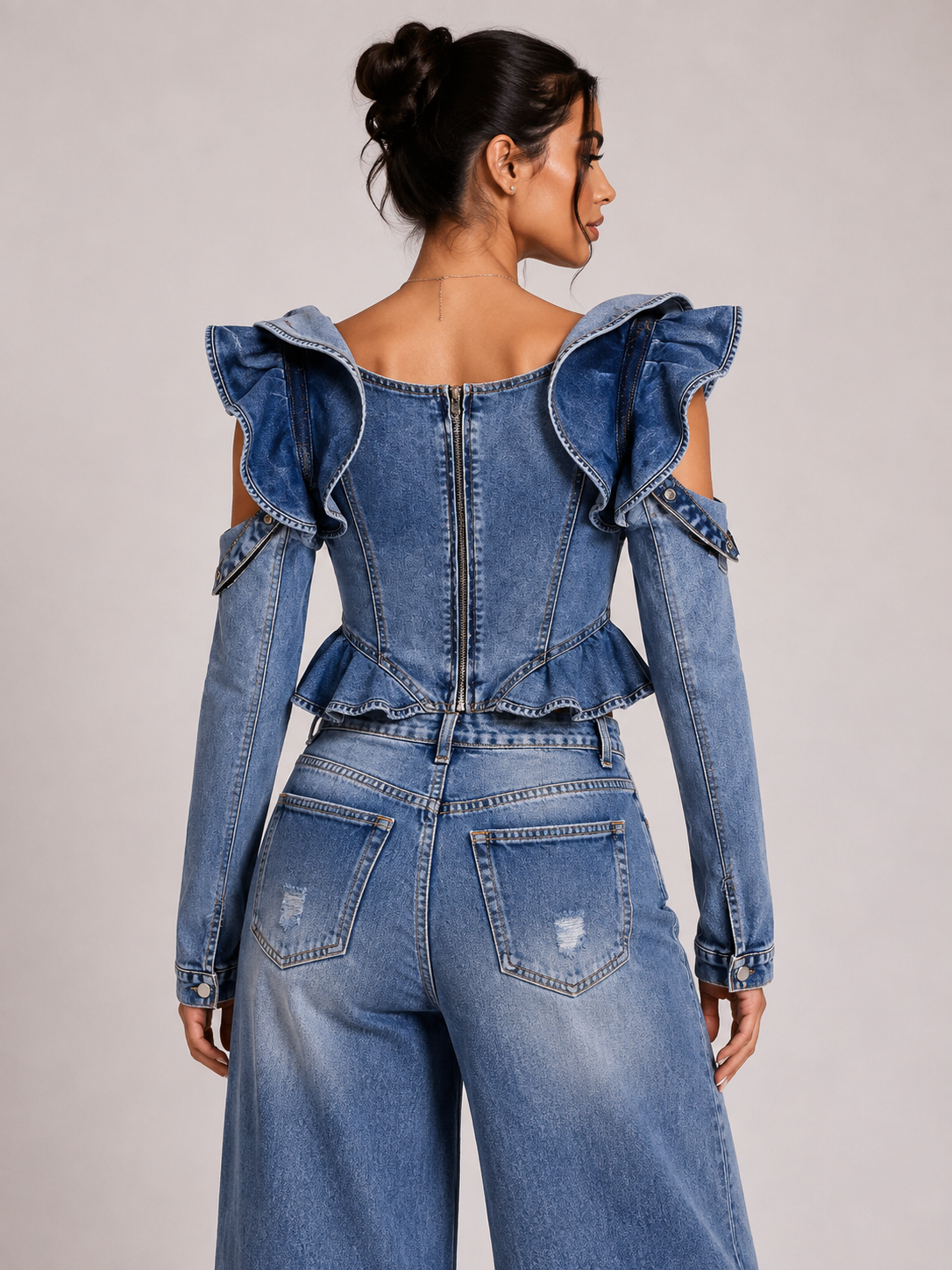 Off Shoulder Ruffle Corset Crop Denim Top