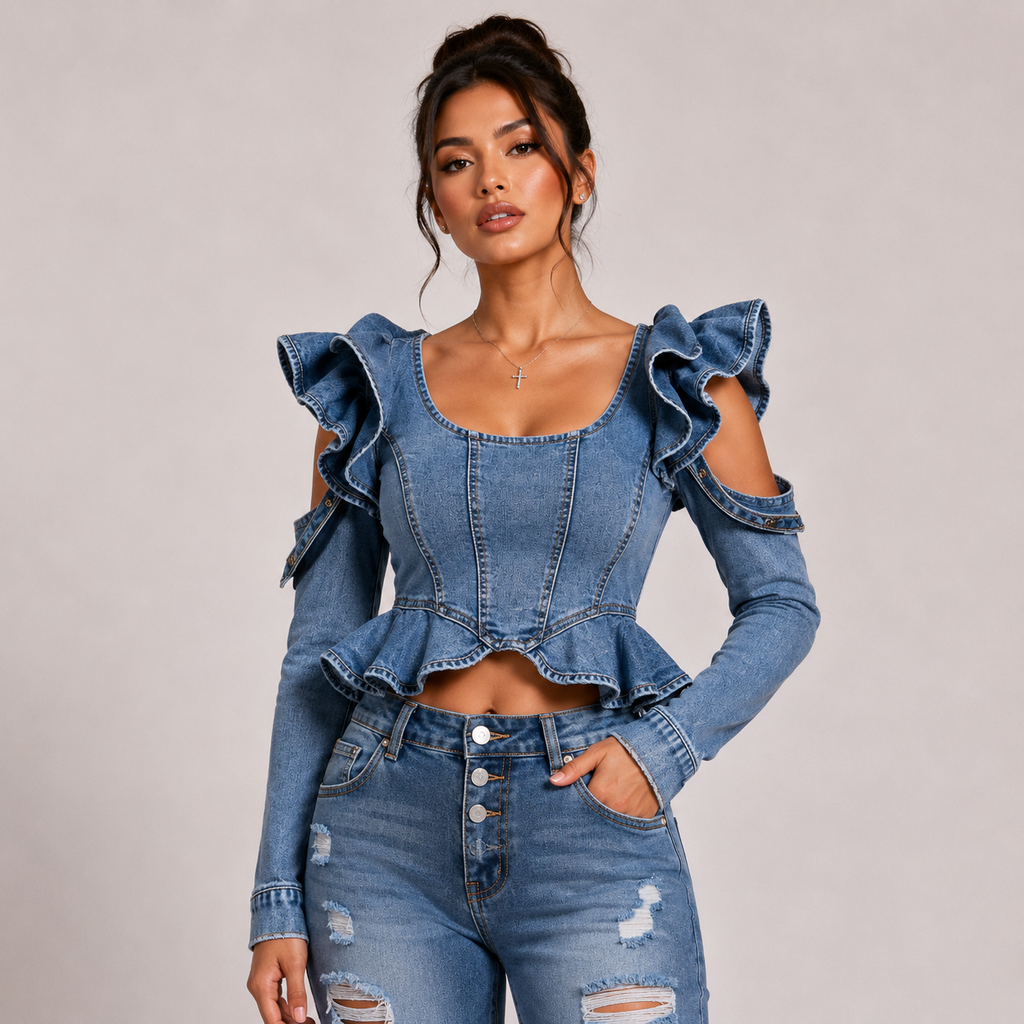 Off Shoulder Ruffle Corset Crop Denim Top