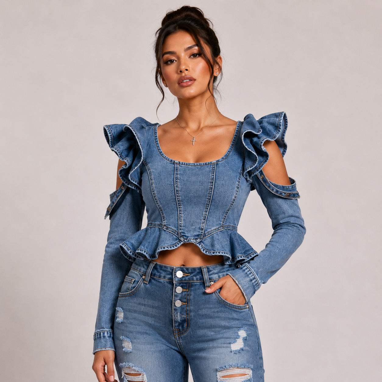 Off Shoulder Ruffle Corset Crop Denim Top