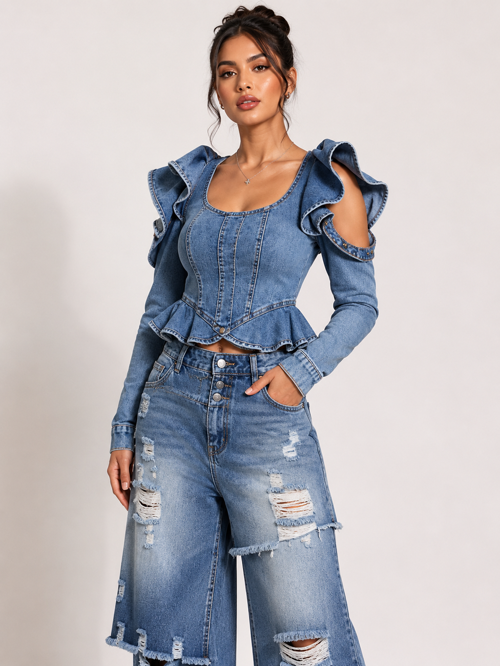 Off Shoulder Ruffle Corset Crop Denim Top