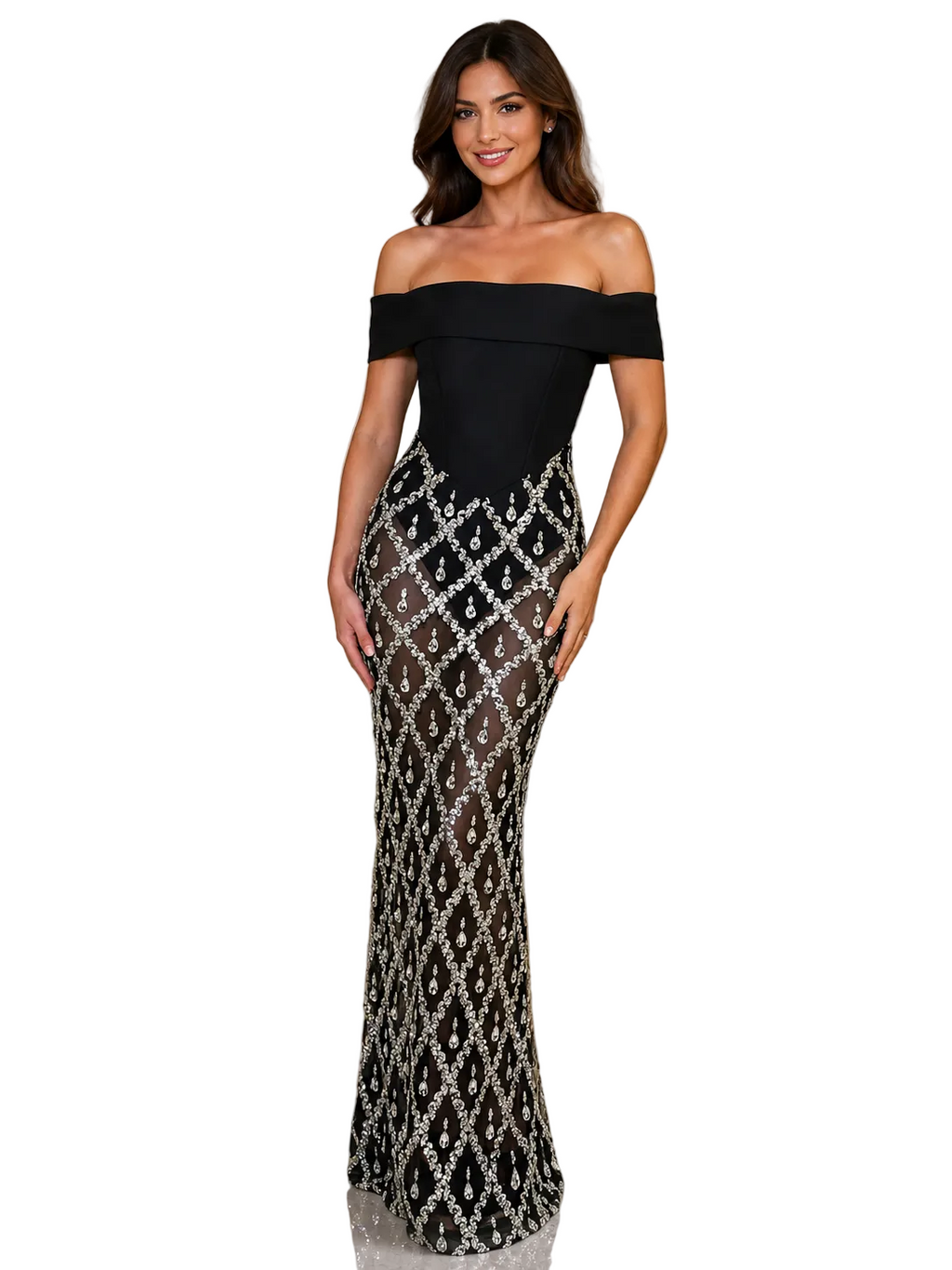 Off-Shoulder Sheer Rhinestone Embellished Maxi Dress – view 3
