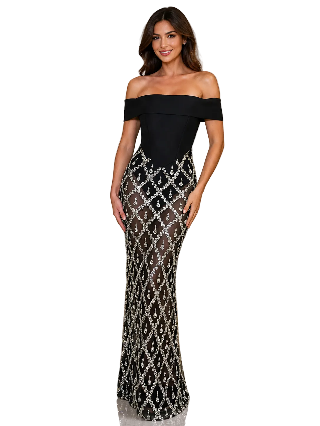 Off-Shoulder Sheer Rhinestone Embellished Maxi Dress – view 3