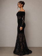 Off-Shoulder Ruched Lace Mermaid Maxi Dress