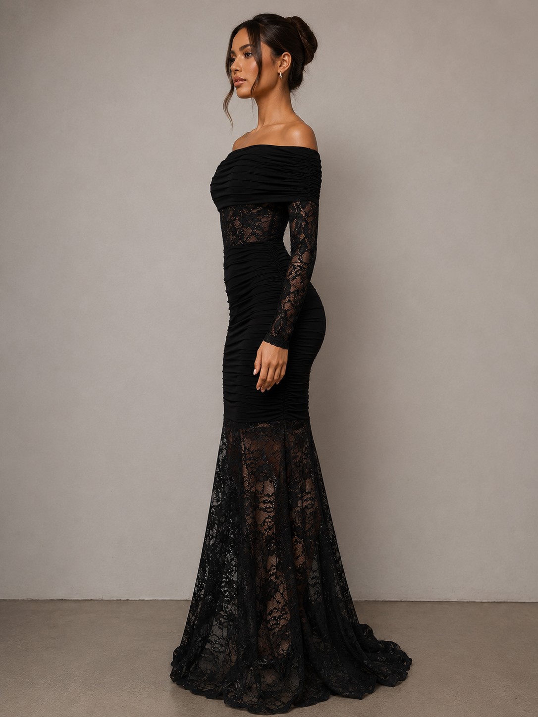 Off-Shoulder Ruched Lace Mermaid Maxi Dress