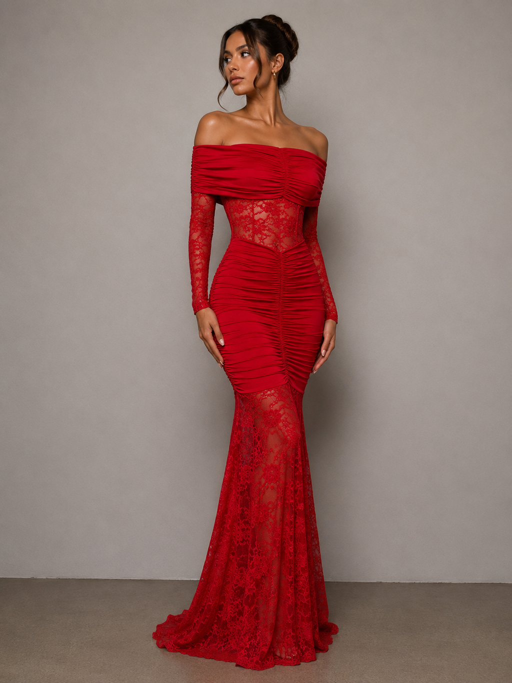 Off-Shoulder Ruched Lace Mermaid Maxi Dress