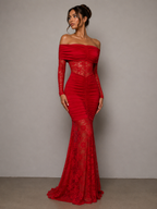 Off-Shoulder Ruched Lace Mermaid Maxi Dress