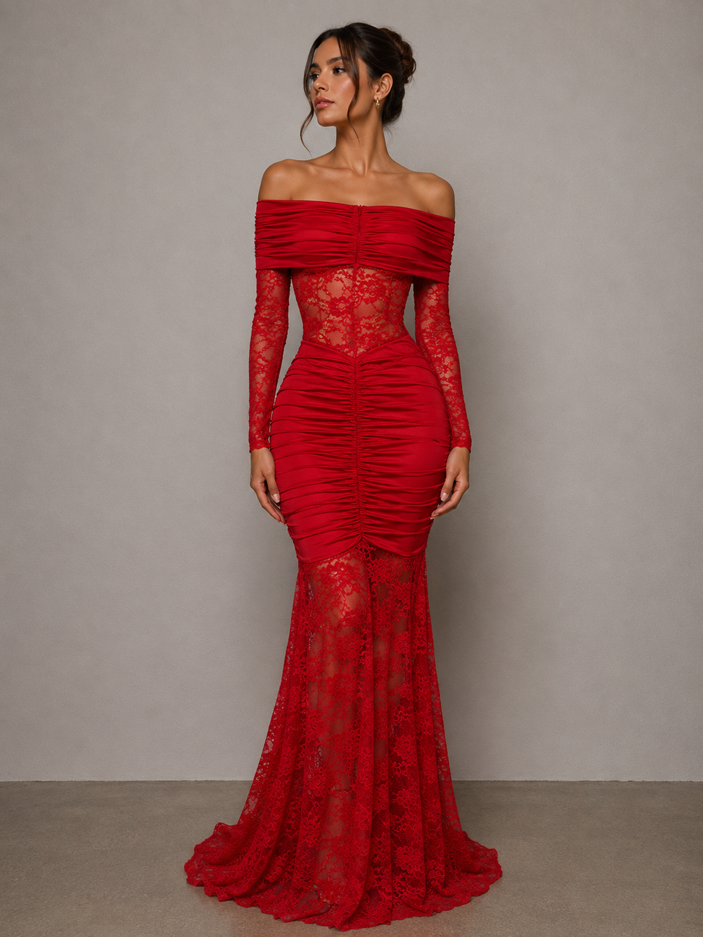 Off-Shoulder Ruched Lace Mermaid Maxi Dress