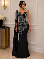 Rhinestone Pearl Detail One-Shoulder Mermaid Maxi Dress
