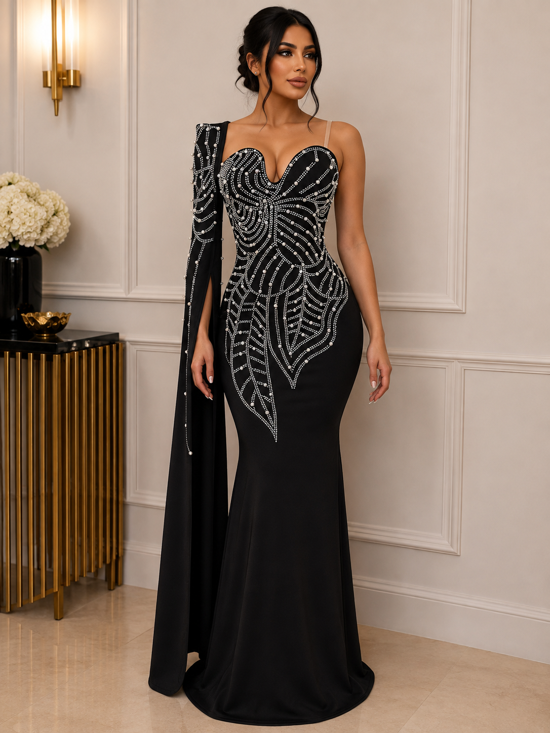 Rhinestone Pearl Detail One-Shoulder Mermaid Maxi Dress