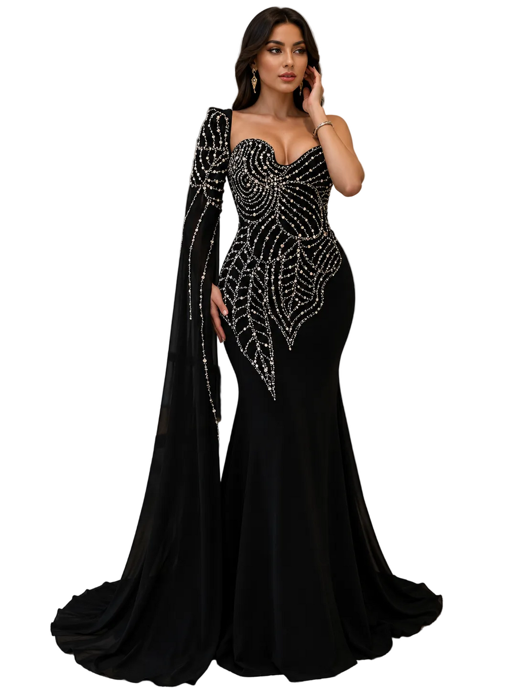 Rhinestone Pearl Detail One-Shoulder Mermaid Maxi Dress
