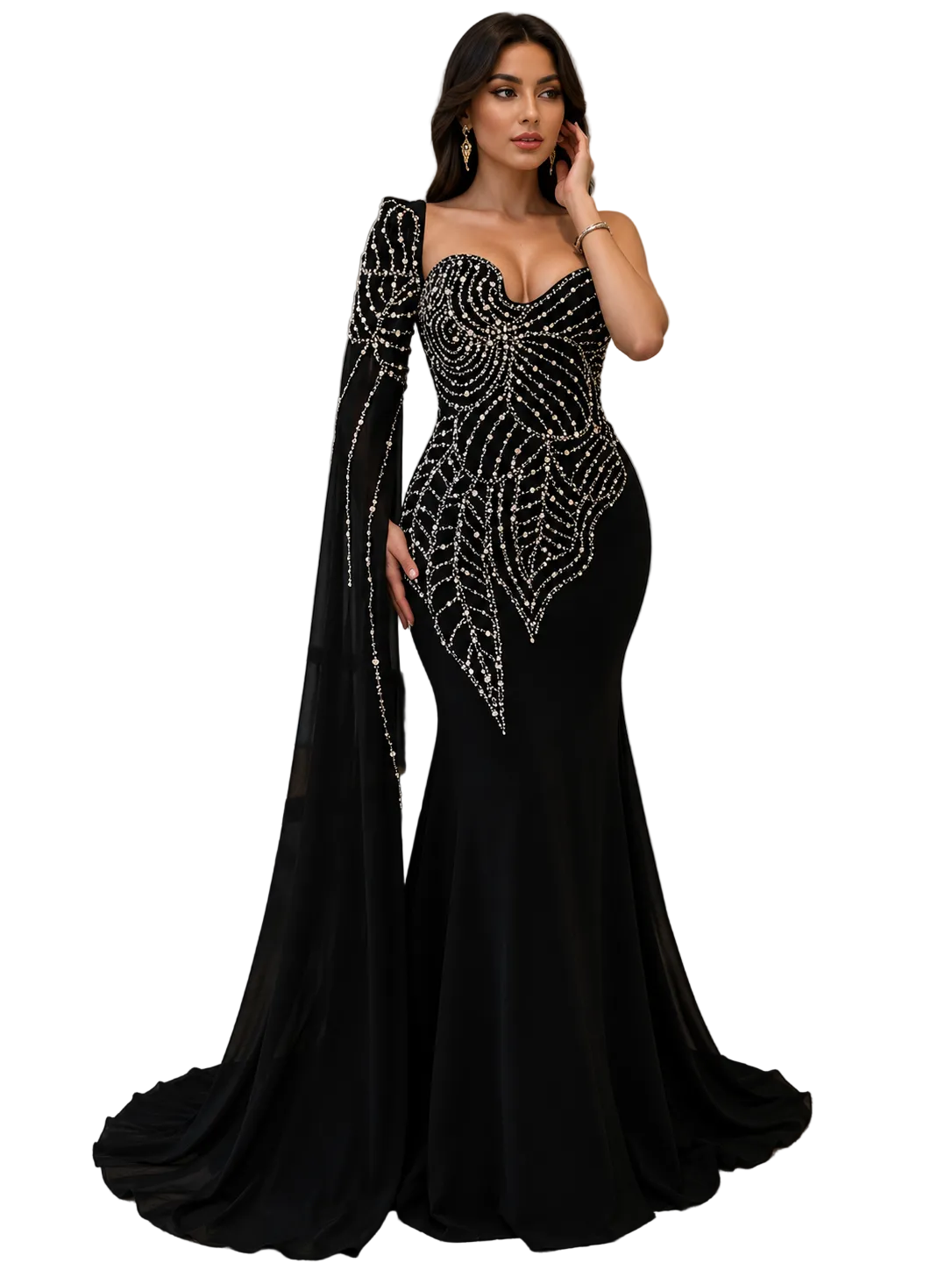 Rhinestone Pearl Detail One-Shoulder Mermaid Maxi Dress