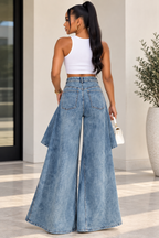 Vintage Washed Denim Asymmetric Ruffle Flare Wide Leg Pants