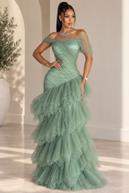Elegant Light Green Strapless Mermaid Dress With Layered Tulle Skirt