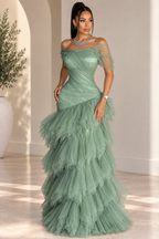 Elegant Light Green Strapless Mermaid Dress With Layered Tulle Skirt