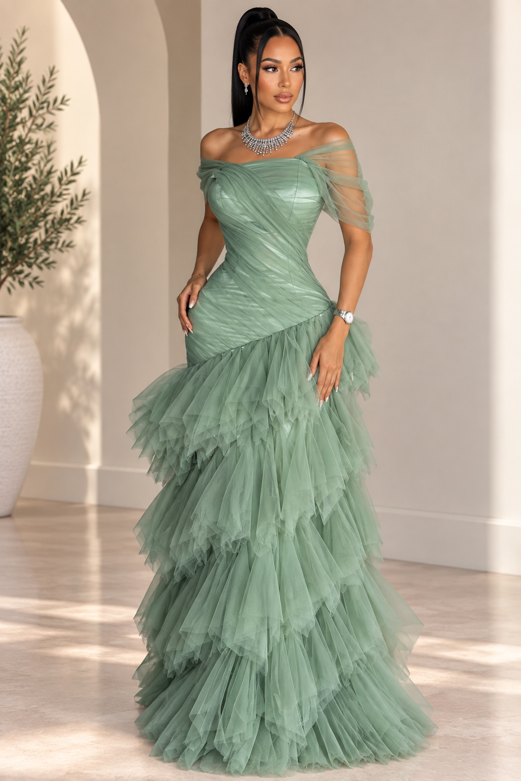 Elegant Light Green Strapless Mermaid Dress With Layered Tulle Skirt