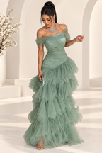 Elegant Light Green Strapless Mermaid Dress With Layered Tulle Skirt