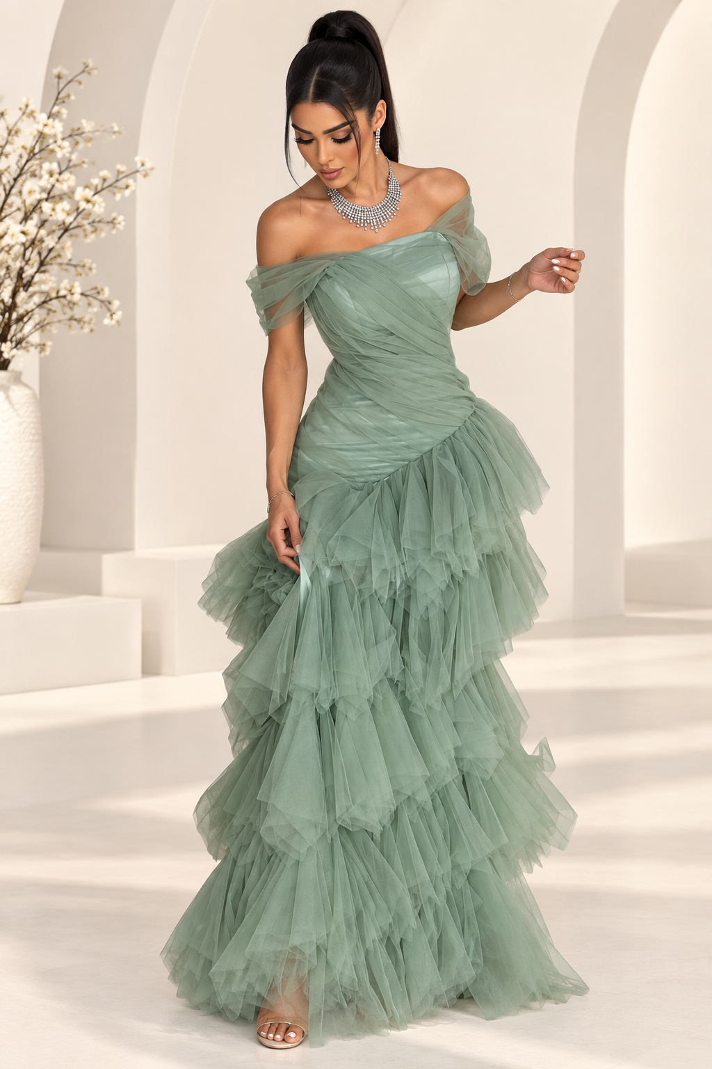 Elegant Light Green Strapless Mermaid Dress With Layered Tulle Skirt