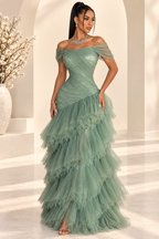 Elegant Light Green Strapless Mermaid Dress With Layered Tulle Skirt