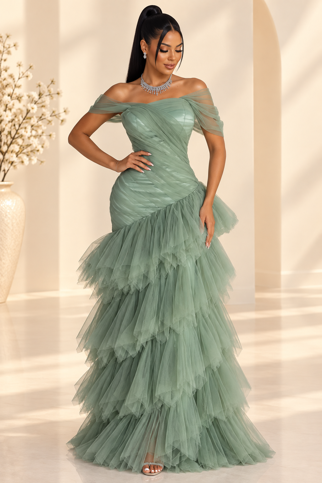 Elegant Light Green Strapless Mermaid Dress With Layered Tulle Skirt