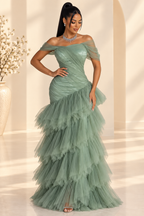 Elegant Light Green Strapless Mermaid Dress With Layered Tulle Skirt