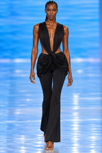 Deep V-Neck Knot-Front Flare Leg Jumpsuit