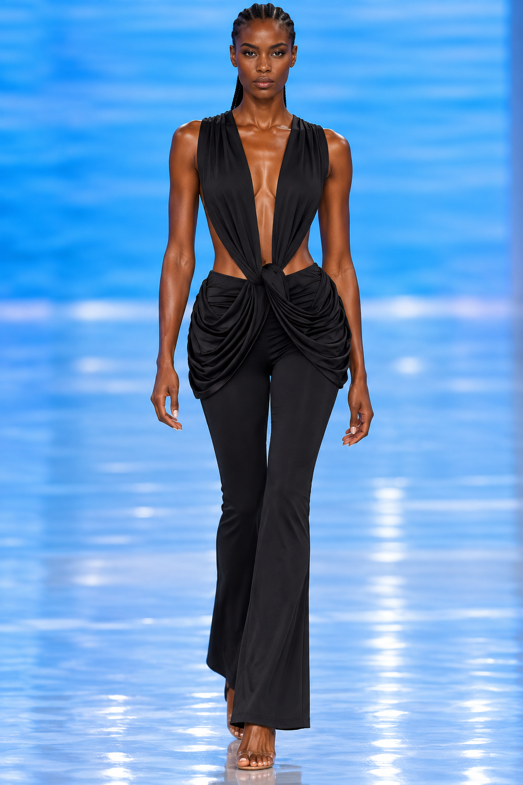 Deep V-Neck Knot-Front Flare Leg Jumpsuit