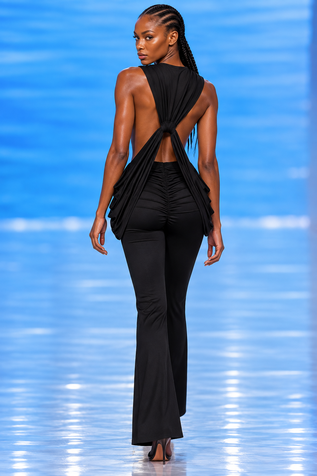 Deep V-Neck Knot-Front Flare Leg Jumpsuit