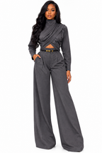 Draped Crop Top and Wide-Leg Pants Set
