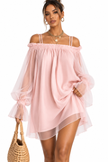 Off-Shoulder Sheer Sleeve Mini Dress in Dusty Pink