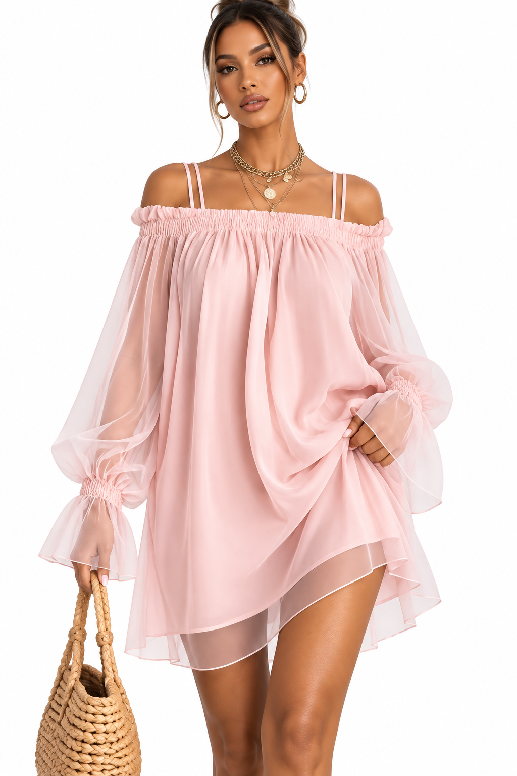 Off-Shoulder Sheer Sleeve Mini Dress in Dusty Pink