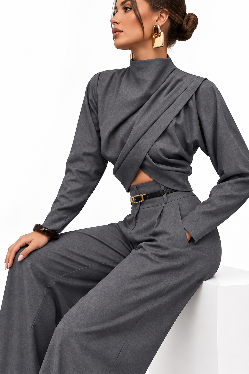 Draped Crop Top and Wide-Leg Pants Set