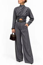 Draped Crop Top and Wide-Leg Pants Set in Gray