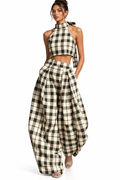 Plaid Halter Neck Crop Top and Wide-Leg Pants Two-Piece Set