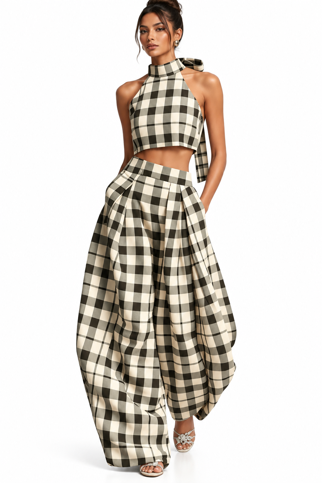 Plaid Halter Neck Crop Top and Wide-Leg Pants Two-Piece Set